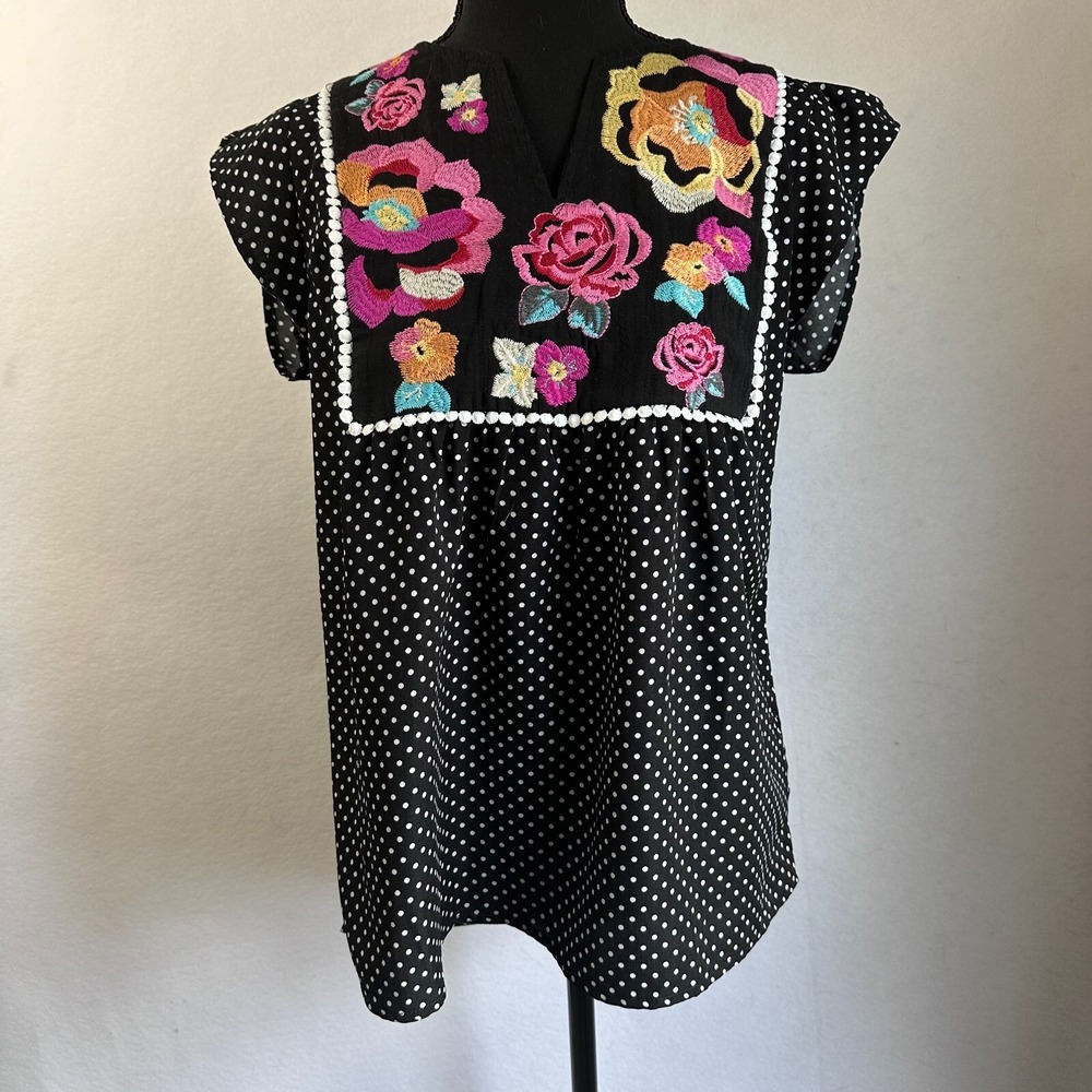 Savanna Jane‎ Womens Small Black Polka Dot Floral Embroidered Flutter Sleeve Top